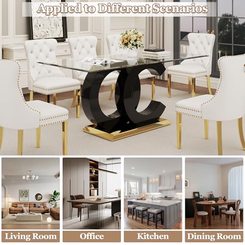 7 Piece Glass Dining Table Set for 6 (Black Table & Gold White Chair / 7-Piece Set-OC-Shaped Table)
