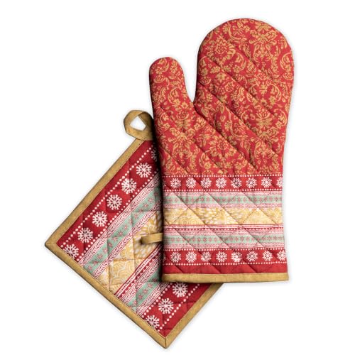 100% Cotton Oven Mitt & Pot Holder Set (067 - Sofia / 7.5" x 13" & 8" x 8" (Oven Mitt & Pot Holder))