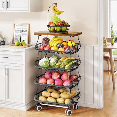 5 Tier Fruit and Vegetable Basket Stand for Kitchen (Black / 5 Tiers)