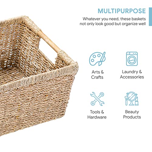 Large Wicker Basket Rectangular with Wooden Handles for Shelves (Seagrass / 3-Pack Large (14.5"L x 10.3"W x 7.5"H))