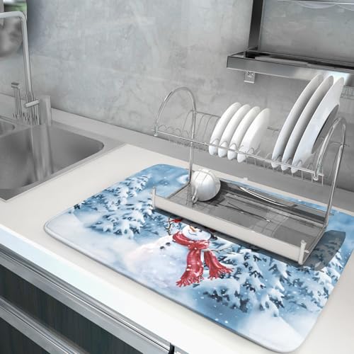 Blue Snowman Dish Drying Mat Winter Pine Tree Drainer Rack Mats 18x24 Inch Absorbent Fast Dry Dish Pad Protector Kitchen Counter Accessories (Winter Blue Snowman / 18" x 24")