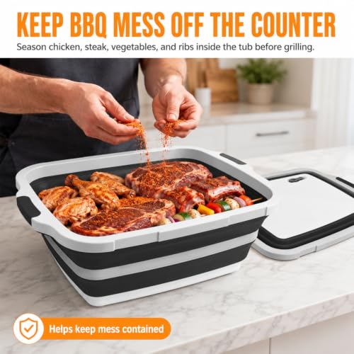 BBQ Prep Tub 16L Black Collapsible Sink with Cutting Board Lid (Black / X-Large)