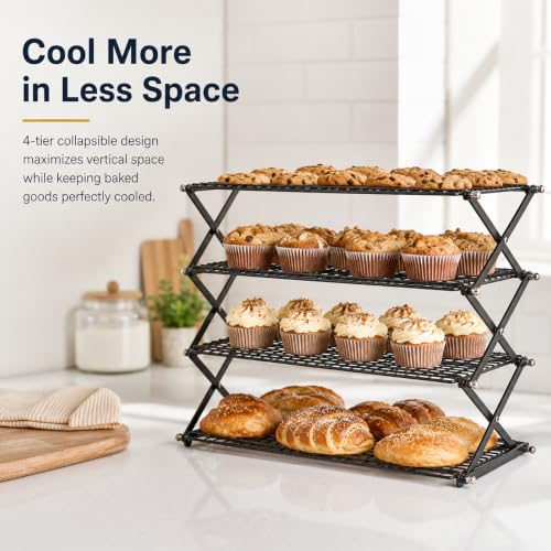 4 Tier Collapsible Cooling Rack with Adjustable 3 Setting Design Stackable Drying Wire Cooling Rack for Cooking and Baking