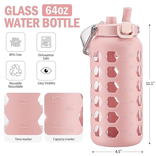 64oz Glass Water Bottle with Straw and Lid (Pink / 64 Ounces)