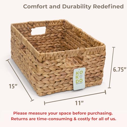 KOKODO 15”L x 11”W Large Rectangular Water Hyacinth Wicker Storage Basket with Handles (Natural / Large 15"Lx11"W)