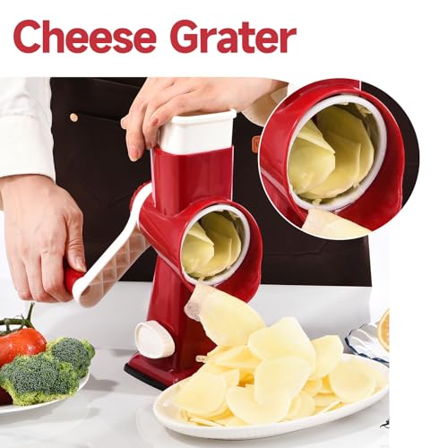 Rotary Cheese Grater with Handle Kitchen Shredder Slicer Grater Slicer Ice Shaver Cheese Vegetable Nuts Potato Zucchini Chocolate 3 Interchangeable Blades