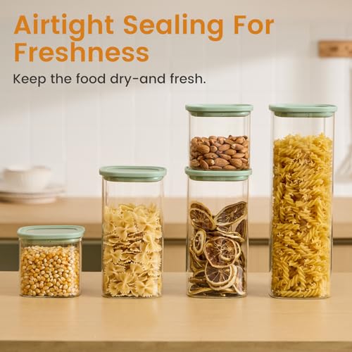 Glass Storage Jars with Lids (Square Green 5 Pcs)