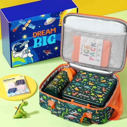 Kids Bento Lunch Box with Toddler Insulated Water Bottle Lunch Bag (A6. Green Dinosaur)