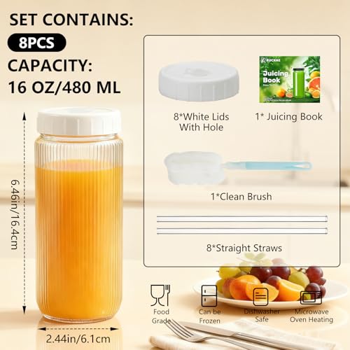 8pack Stripe 16oz Glass Juice Bottles with Lids & Straws & Juicing Recipe (Transparent with Stripe / 16oz-8pack)