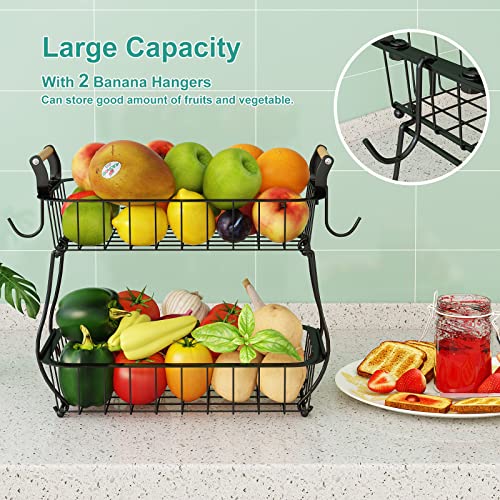 2 Tier Fruit Basket with 2 Banana Hangers (Black (2 Tier with Banana Hangers))