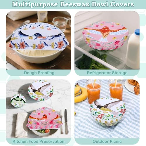 5Pcs Reusable Beeswax Elastic Bowl Covers for Bread Proofing and Food Cover (Floral Bird)