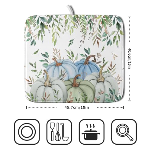 Fall Blue Pumpkin Dish Drying Mat Autumn Harvest Dishes Pad 16"x18" Microfiber Quick Dry Dish Drainer Rack Mats Kitchen Counter Accessories (Blue Pumpkin Leaf / 16x18 inch)