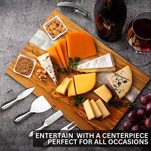 Handcrafted Italian Olive Wood Cheese & Charcuterie Board Set with Unique White Pearl Resin Artwork (White Pearl)