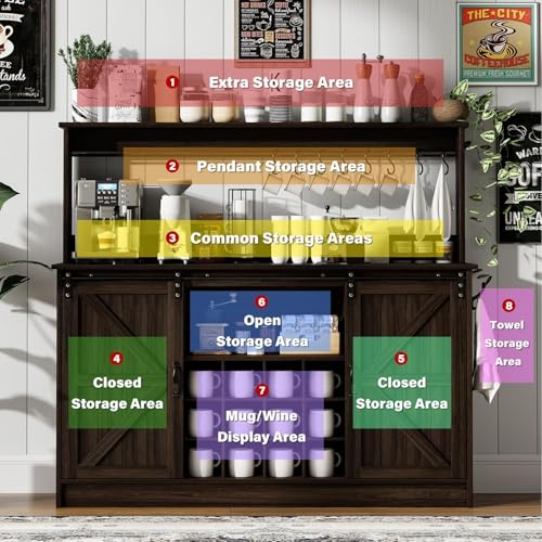 55" Farmhouse Coffee Bar Cabinet with Storage Hutch (55Inch / Dark Oak)