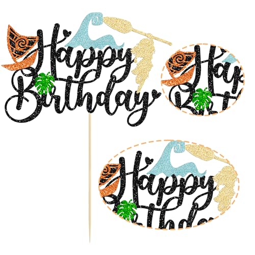 1Pcs Summer Cake Topper Glitter Tree Flower Happy Birthday Cake Pick Decoration for Tropical Hawaiian Luau Theme Baby Shower Kids Birthday Party Cake Decorations Supplies Black (Black 4)