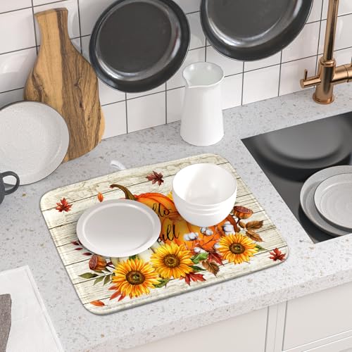 Hello Fall Dish Drying Mat Autumn Pumpkin Dish Drainer Rack Mats 16"x18" Fast Dry Microfiber Dish Drying Pad for Kitchen Countertop Table (Pumpkin Sunflower / 16" x 18")