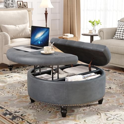 31.5 Inch Large Round Ottoman with Storage Circular (Grey)