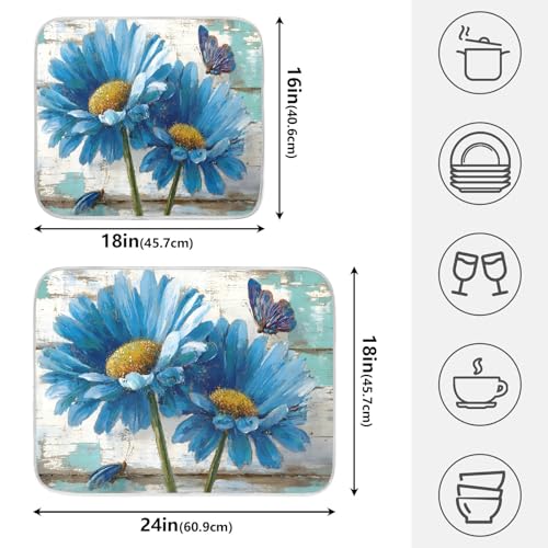 Rustic Daisy Blue on Vintage Wooden Dish Drying Mat for Kitchen Counter Absorbent Microfiber Small Drying Pad Dish Mats for Kitchen Countertops 16 x 18 Inch (18" x 16")