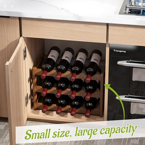 Bamboo Wine Rack Wine Storage Cabinet Shelf 12 Bottle Wine Racks Countertop Sturdy for Kitchen Dining Room Pantry (Brown / 3 Tier)