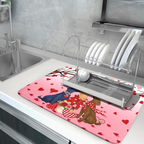 Love Dog Dish Drying Mat 18"x24" Red Heart Microfiber Dish Drainer Mat Hanging Loop Absorbent Fast Dry Pad Kitchen Counter Bar Accessories (Love Dogs / 24" x 18")