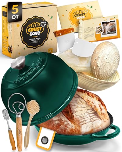 5 QT Enameled Dutch Oven for Bread Baking with Lid & Starter Kit (Bottle Green / 5QT Dome)