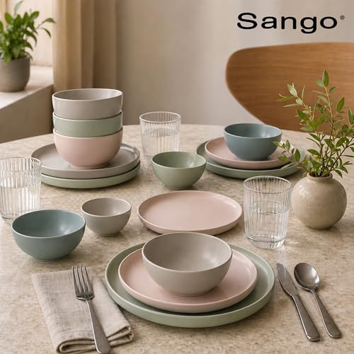 16 Piece Stoneware Dinnerware Set for 4 (Green/Sand/White / 16-Piece Set)