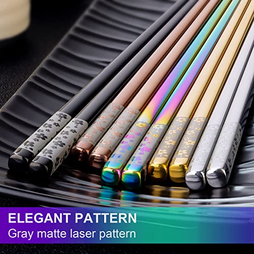 Metal Chopsticks Reusable 5 Pairs Multicolor Stainless Steel Chopsticks Dishwasher Safe Square Lightweight Non