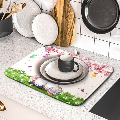 Easter Gnome Dish Drying Mat Floral Eggs Bunny Kitchen Drainer Mat 16x18 inch Absorbent Holiday Fast Dry Pad Protector for Counter Tabletop (Easter Gnome Egg / 16" x 18")