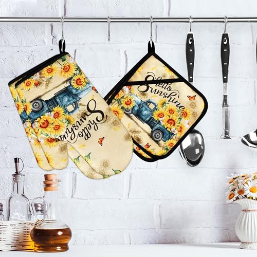 Sunflower Oven Mitts and Pot Holders Sets Vintage Floral Oven Gloves Heat Resistant 4 Pcs Farmhouse Decorative Kitchen Hot Pads and Mitts for Baking Cooking Grilling (Yellow Blue)