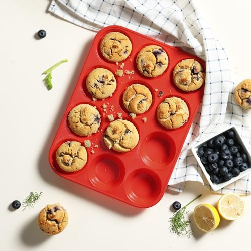 2 Pack 12 Cups Silicone Muffin Pan with Metal Reinforced Frame Regular Size Silicone Molds Cupcake Cake Baking Pans Cookie Baking Chocoflan Cupcake Mold Nonstick Muffin Tin Home Baking Supplies (2pc: 12-Cup Regular / Red)