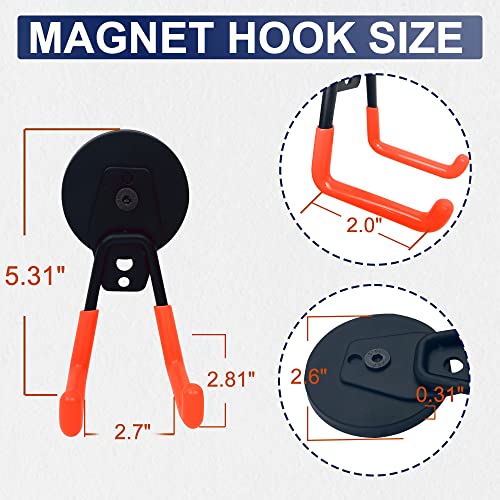 4 Pack Heavy Duty Magnetic Hooks 2.6'' Base Garage Storage Utility (2.6‘’ Diameter Base / Orange Hook)