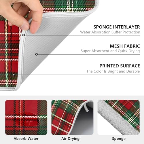 Christmas Red Green Buffalo Checkered Dish Drying Mat for Kitchen Counter Absorbent Microfiber Small Drying Pad Dish Mats for Kitchen Countertops 16 x 18 Inch (18" x 16")