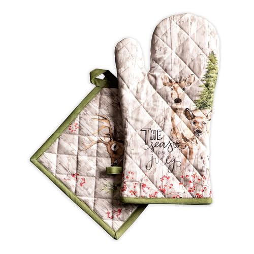 100% Cotton Oven Mitt & Pot Holder Set (091 - Mountain Life / 7.5" x 13" & 8" x 8" (Oven Mitt & Pot Holder))