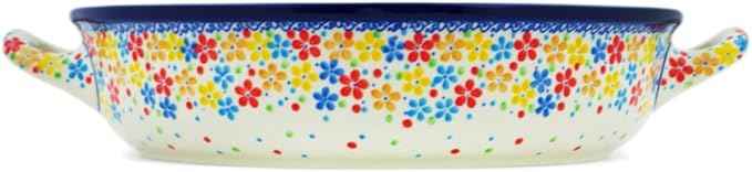 Polmedia Polish Pottery Round Baker with Handles 10-inch UNIKAT - Flower Meadow In The Garden Pattern Handmade in Boleslawiec Poland by Ceramika Artystyczna + Certificate of Authenticity