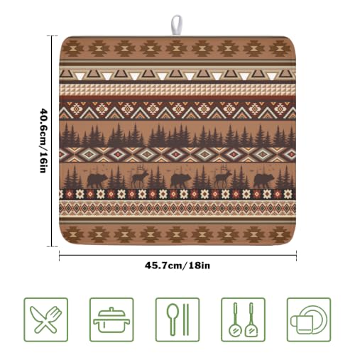 Rustic Bear Deer Dish Drying Mat Boho Ethnic Drainer Rack Pad 16x18 Inch Microfiber Absorbent Dish Sink Mat for Counter Kitchen Tableware (Rustic Bear Deer / 16x18 inch)