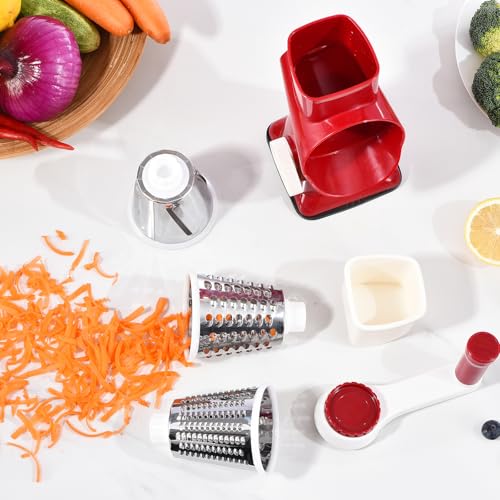 Rotary Cheese Grater with Handle Kitchen Shredder Slicer Grater Slicer Ice Shaver Cheese Vegetable Nuts Potato Zucchini Chocolate 3 Interchangeable Blades