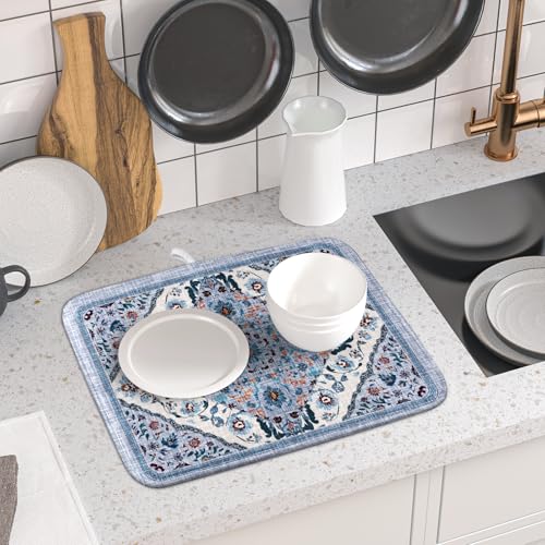 Boho Flower Dish Drying Mat Blue Bohemian Dishes Drainer Rack Mat 16x18 Inch Microfiber Kitchen Drying Pad for Countertop Tableware Decor (Blue Bohemian / 16" x 18")