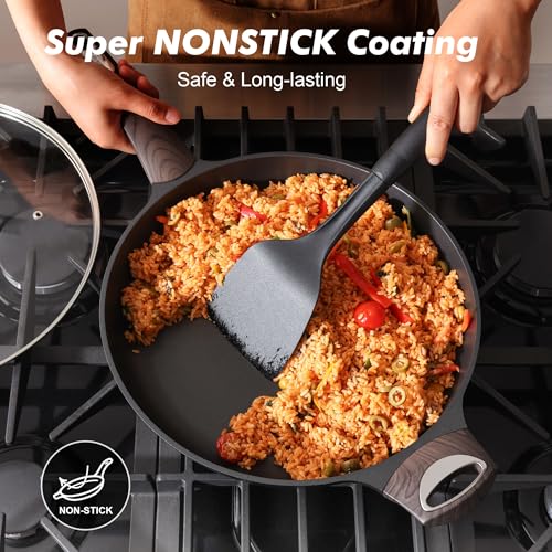 12.5inch Nonstick Frying Pan Paella Pan with Lid (12.5 Inch / NIGHT Black)