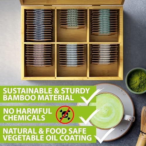 Tea Organizer Box Food Safe Chemical Free Bamboo Storage Chest Tall (6-Slot Rectangular / Solid Bamboo)