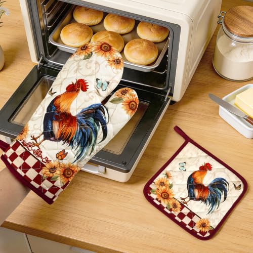 Rooster Oven Mitts and Pot Holders Set (Rooster / Oven Mitt x2 & Pot Holder x2)