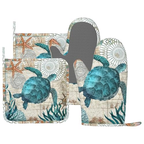 Sea Turtle Ocean Animal Landscape Oven Mitts and Pot Holders Sets Silicone Sea Turtle Kitchen Mitts Potholders Heat Resistant 4Pcs Oven Gloves Hot Pads for Kitchen Grilling (Sea Turtle)