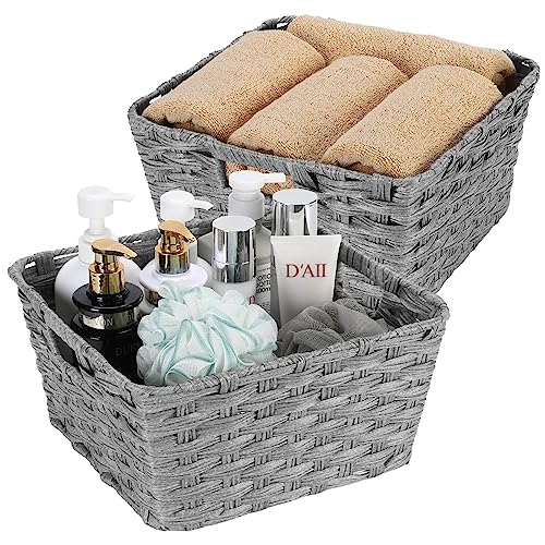 2 Pack Plastic Wicker Kitchen Storage Baskets (12" x 12" x 6" / Grey)