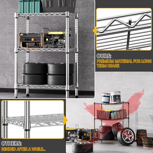 750 lbs 3 Tier Shelf Metal Storage Shelves Shelving Wire Rack Heavy Duty Closet Organizers for Garage Kitchen Bathroom Laundry Chrome 13.8" D x 23.6" W x 35.5" H (3 Tier 13.8" D x 23.6" W x 35.5" H / Chrome)