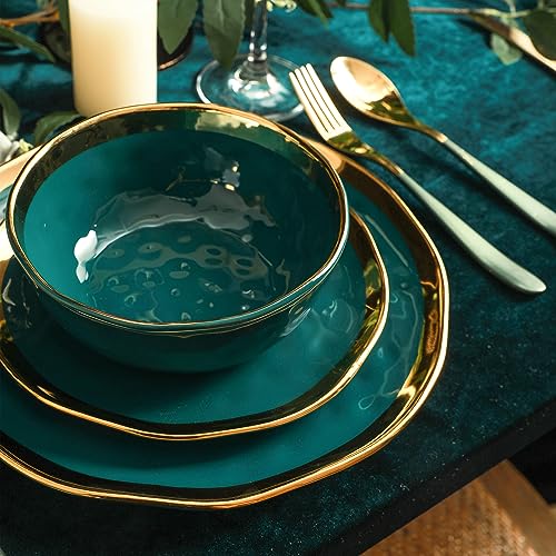 Florian Modern Porcelain Dish Set (32-Pieces Service for 8 / Green with Gold Rim)