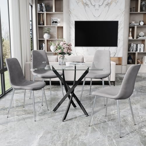 36” Square Glass Dining Table Set for 4 (Black Square Table/Grey Velvet Chairs / 5 Pieces)