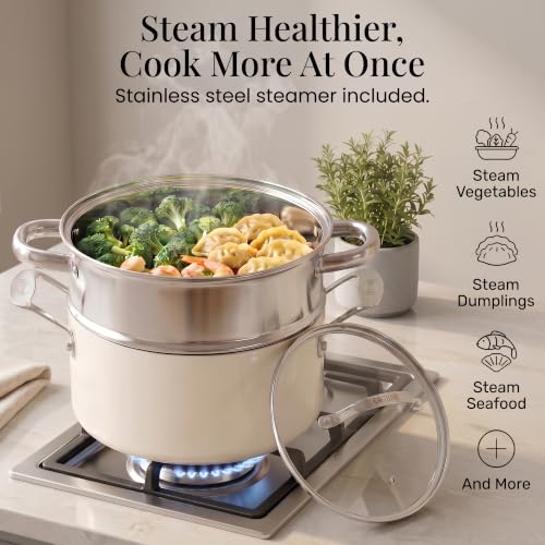 20 Pc Ceramic Cookware Set with Knives Set (Cream)