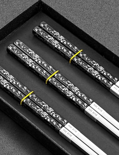 Metal Chopsticks Reusable (Floral Black 3 Pairs)