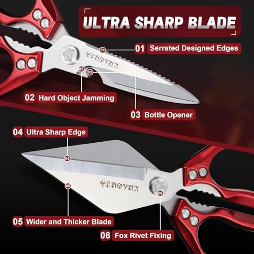 Kitchen Shears Set for Food with Sharp Bone (Bright Red)
