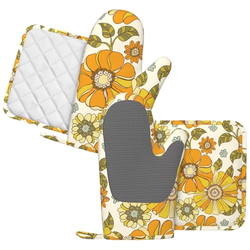 Retro 70s Style Flower Oven Mitts and Pot Holders Sets Silicone Kitchen Mitts Potholders Heat Resistant 4Pcs Oven Gloves Hot Pads for Kitchen Baking Cooking BBQ Grilling (Plant Flower)