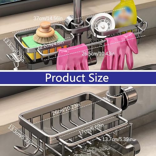 Kitchen Sink Faucet Organizer Multifunction Sponge Holder Organizer Sink Drain Holder Over Faucet Kitchen Sink Caddy with Hook Adjustable for 0.7 (Small / Silver)
